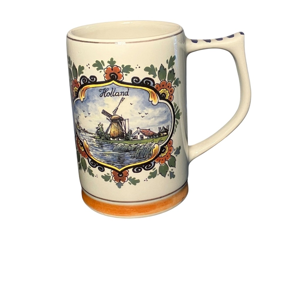 Delfts Foly Hand Painted Holland Mug Windmill & Sailboat Scenes Dutch Art